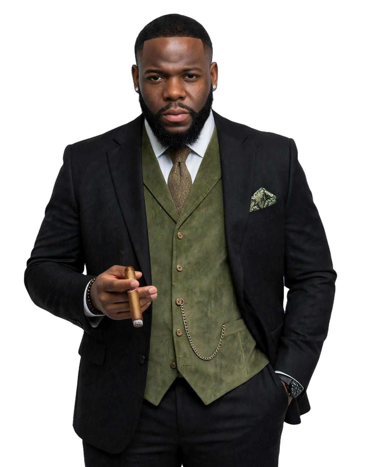 Donnie Burton in a black jacket and green waistcoat, holding a cigar with one hand in his pocket
